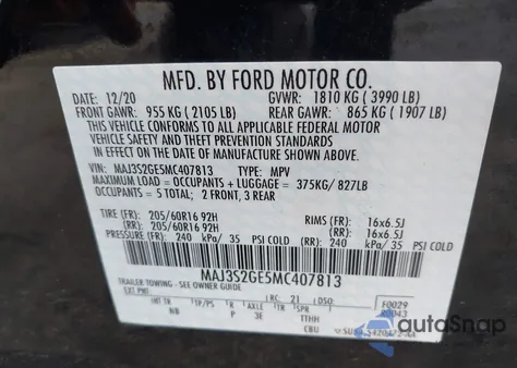 2021 Ford Ecosport Se z USA, uszkodzony, nr VIN MAJ3S2GE5MC407813